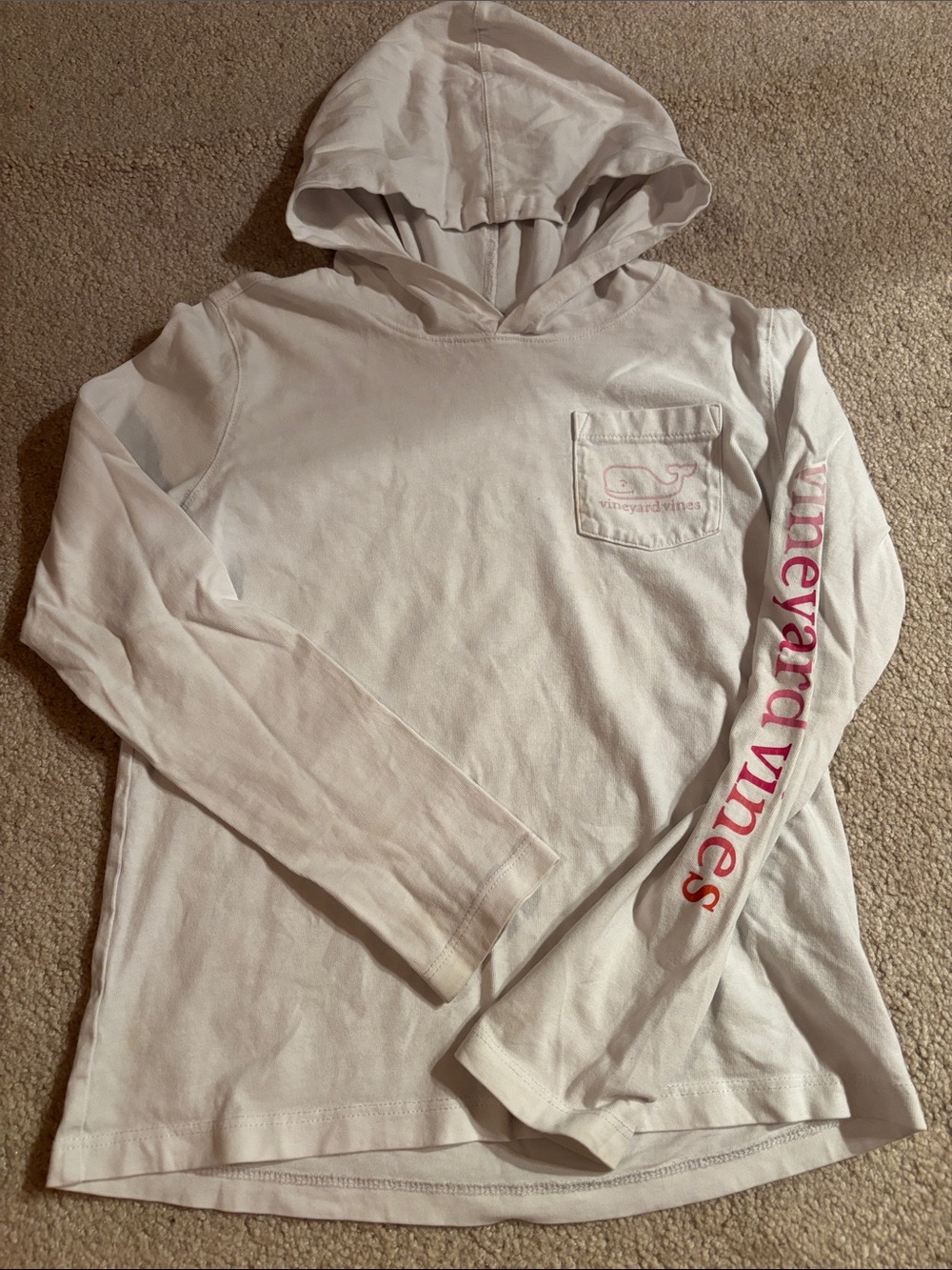 Vineyard Vines White Hooded Long Sleeve Tee with Pink Sleeve Logo